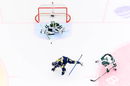 Färjestads målvakt Damian Clara och HV71s Jonathan Ang