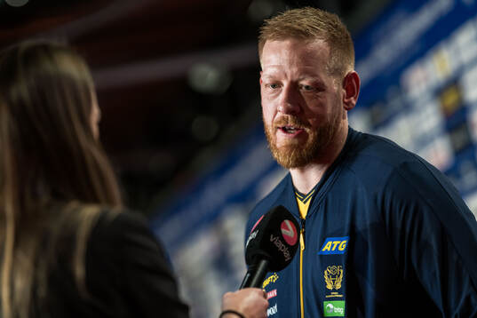 Jim Gottfridsson of Sweden in mixed zone the 2025 IHF World