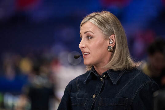 Johanna Alm in the studio of Swedish broadcaster Viaplay