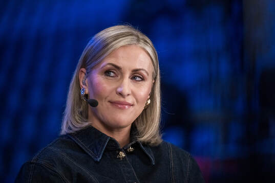 Johanna Alm in the studio of Swedish broadcaster Viaplay