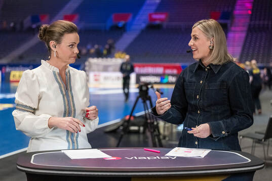 Johanna Alm in the studio of Swedish broadcaster Viaplay