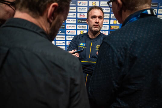 Head coach Michael Apelgren of Sweden in mixed zone