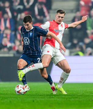 Lasse Berg Johnsen of Malmö FF and Daniel Fila of Slavia