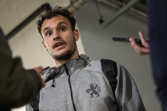 Goalkeeper Elis Bishesari of IFK Göteborg is interviewed