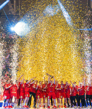 Magnus Saugstrup Jensen and players of Denmark celebrate