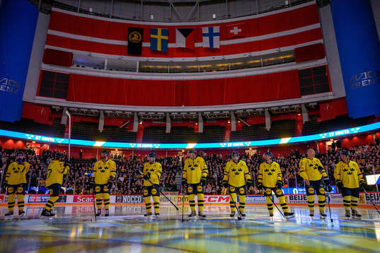 Players of Tre Kronor Legends ahead a charity ice hockey