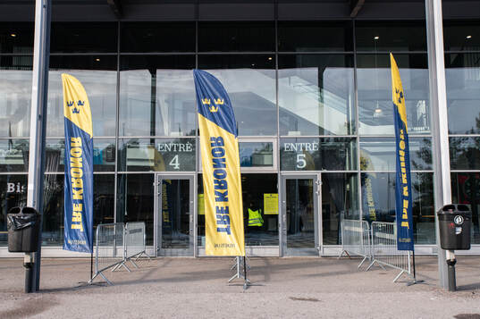 Flags of the Swedish crowns outside Monitor ERP Arena