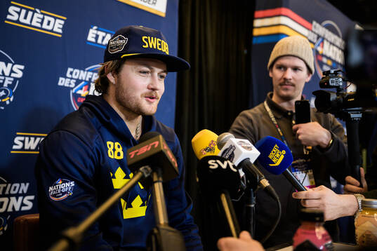 William Nylander of Sweden being interviewed by media
