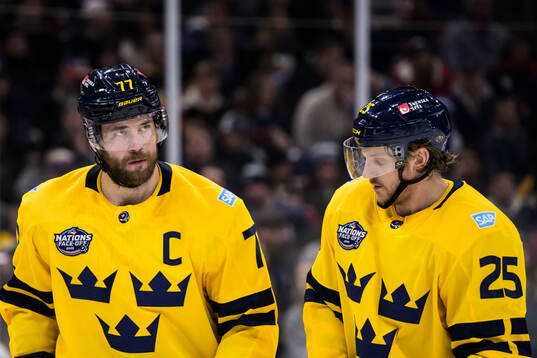 Victor Hedman and Jonas Brodin of Sweden