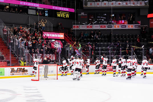 Malmö Redhawks spelarna jublar med fansen