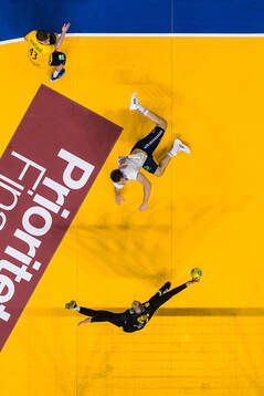 Felix Montebovi and goalkeeper Fabian Norsten of Sweden are