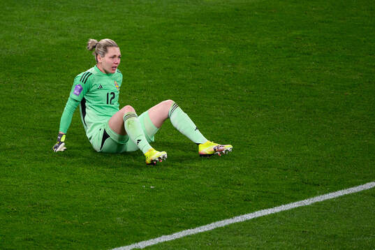 Goalkeeper Jennifer Falk of Sweden in pain