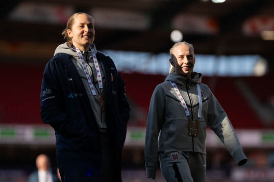 Goalkeeper Aurora Mikalsen and Thea Bjelde of Norway