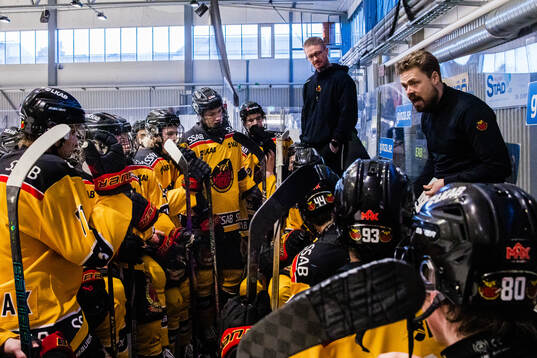 Luleås tränare Niclas Karlsson med spelare i en timeout