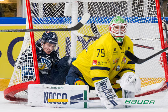 Patrik Puistola of Finland and goalkeeper Arvid Holm of