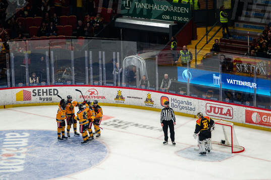 Luleås Anton Levtchi jublar med lagkamrater medan Brynäs