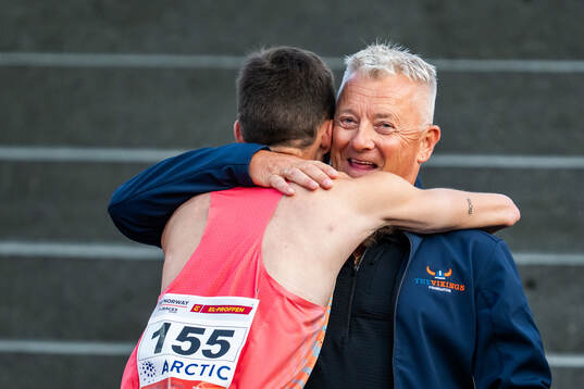 José Carlos Pinto of Portugal hugs coach Gjert Ingebrigtsen