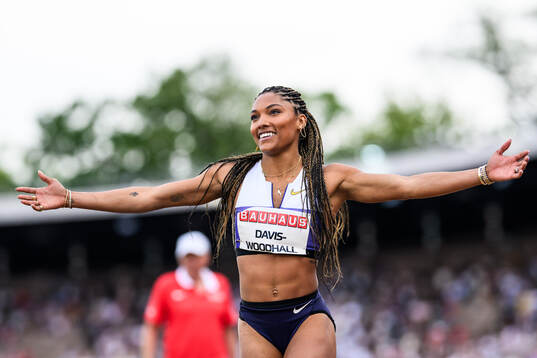 Tara Davis-Woodhall of USA celebrates in women’s long jump