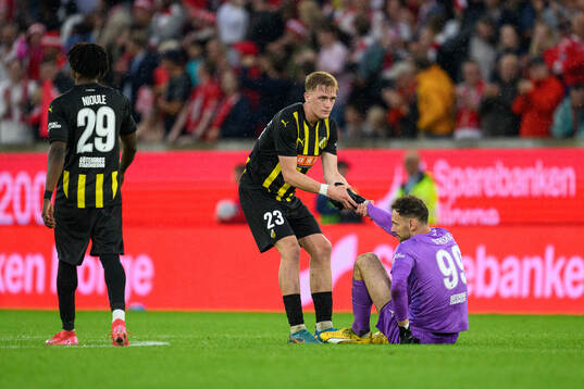 Olle Samuelsson and goalkeeper Etrit Berisha of Häcken