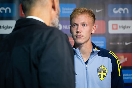 Hugo Larsson of Sweden in mixed zone