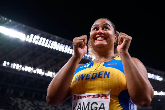 Vanessa Kamga of Sweden celebrates in women's discus throw
