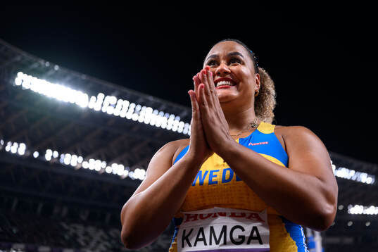Vanessa Kamga of Sweden celebrates in women's discus throw