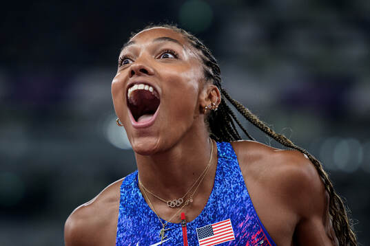 Tara Davis-Woodhall of USA celebrates  in women's long jump