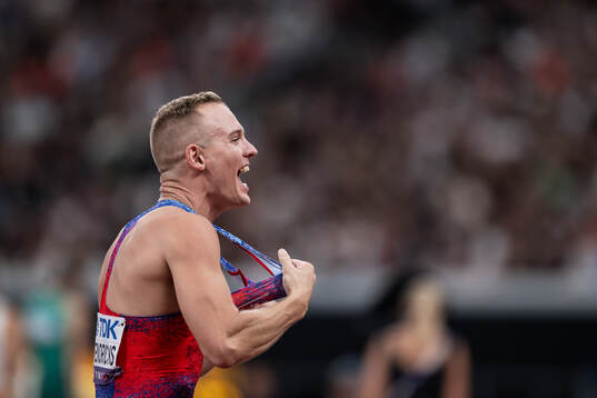 Sam Kendricks of USA celebrates when competing in men's