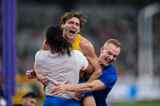 Armand Duplantis of Sweden celebrate with Emmanouil Karalis