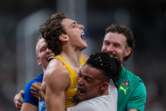 Armand Duplantis of Sweden celebrate with Emmanouil Karalis