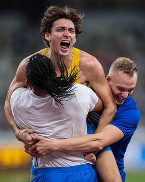 Armand Duplantis of Sweden celebrate with Emmanouil Karalis