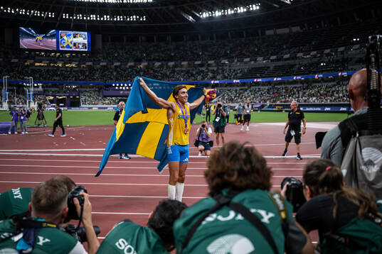 Armand Duplantis of Sweden celebrates with his gold medal