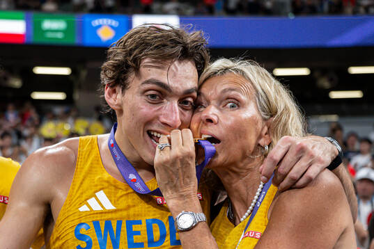 Helena Duplantis and Armand Duplantis of Sweden celebrate