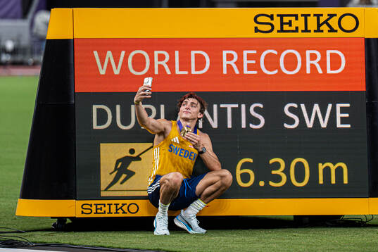 Armand Duplantis of Sweden poses for a selfie and