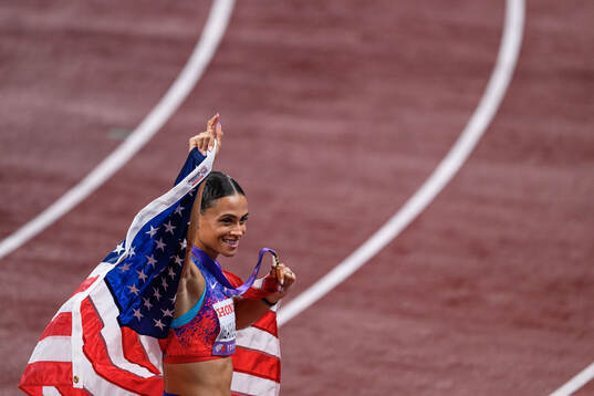 Sydney McLaughlin-Levrone of USA celebrates with her gold