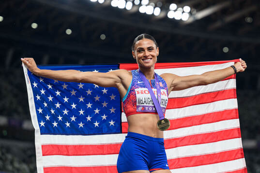 Sydney McLaughlin-Levrone of USA celebrates with her gold
