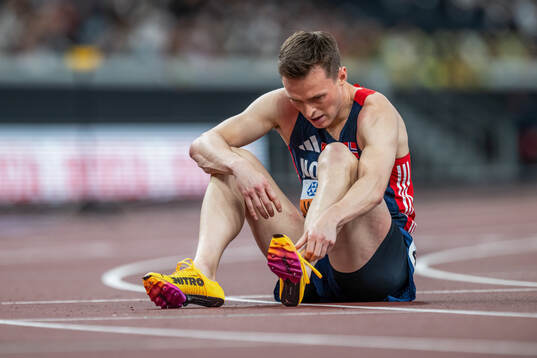 Karsten Warholm of Norway looks dejected