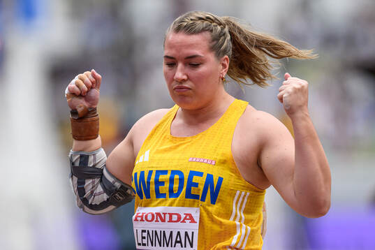 Sara Lennman of Sweden celebrates when competing in women's
