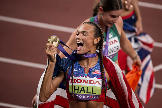 Anna Hall of USA celebrates