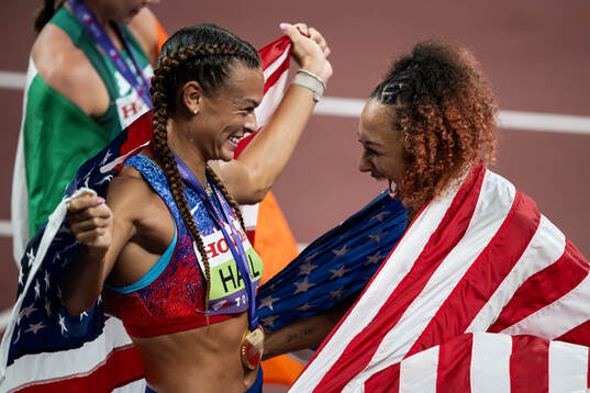 Anna Hall and Taliyah Brooks of USA celebrate