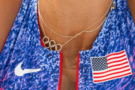 Olympic necklaces of Anna Hall of USA while competing in