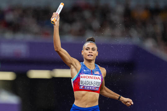 Sydney McLaughlin-Levrone of USA celebrates winning the