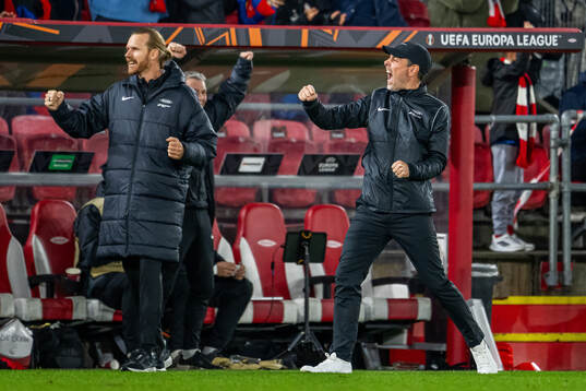 Freyr Alexandersson, head coach of Brann, celebrates at the