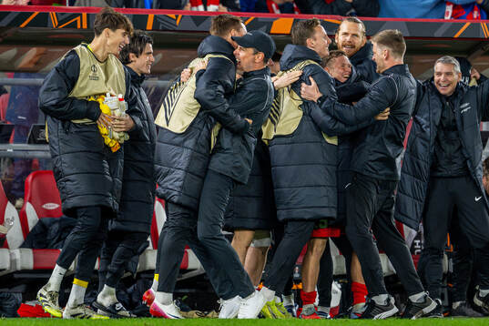 Freyr Alexandersson, head coach of Brann, celebrates with