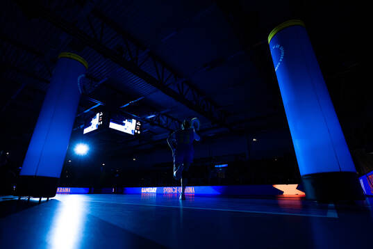 Iryna Kompaniiets of Ukraine enters the arena