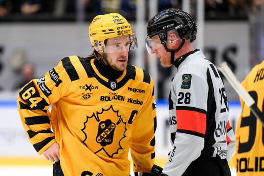Skellefteås Jonathan Pudas i samtal med och Domare Mikael