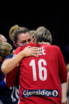 Nora Mørk and Goalkeeper Katrine Lunde of Norway celebrate