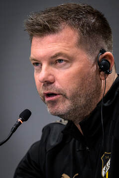 coach Jens Gustafsson of Häcken at a press conference with