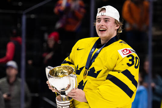 Goaltender Love Härenstam of Sweden celebrates
