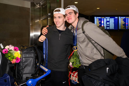 Viggo Björck and Anton Frondell of Sweden arrive at